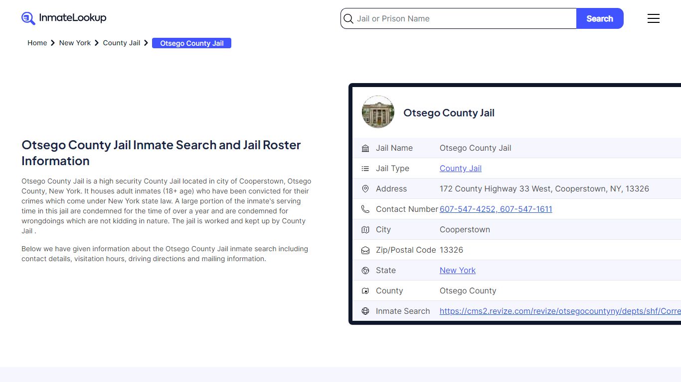 Otsego County Jail Inmate Search - Cooperstown New York - Inmate Lookup